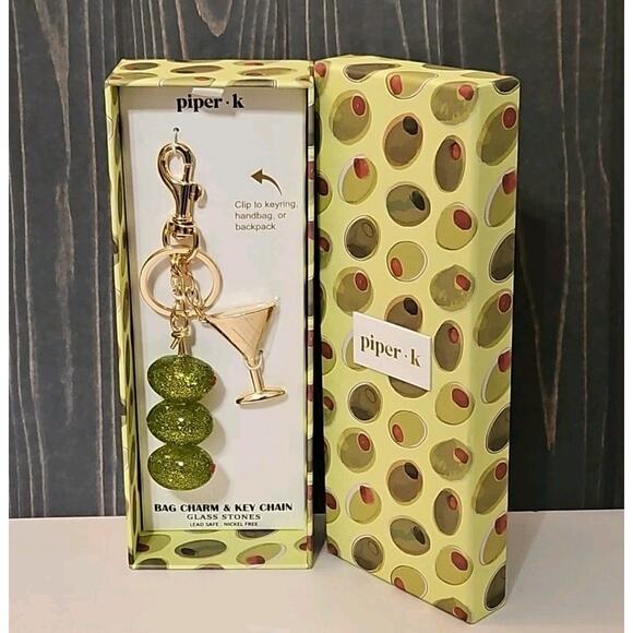 Piper K Martini Olive Keychain Bag Charm Gold Tone Keyring Purse Accessory - Picture 1 of 5